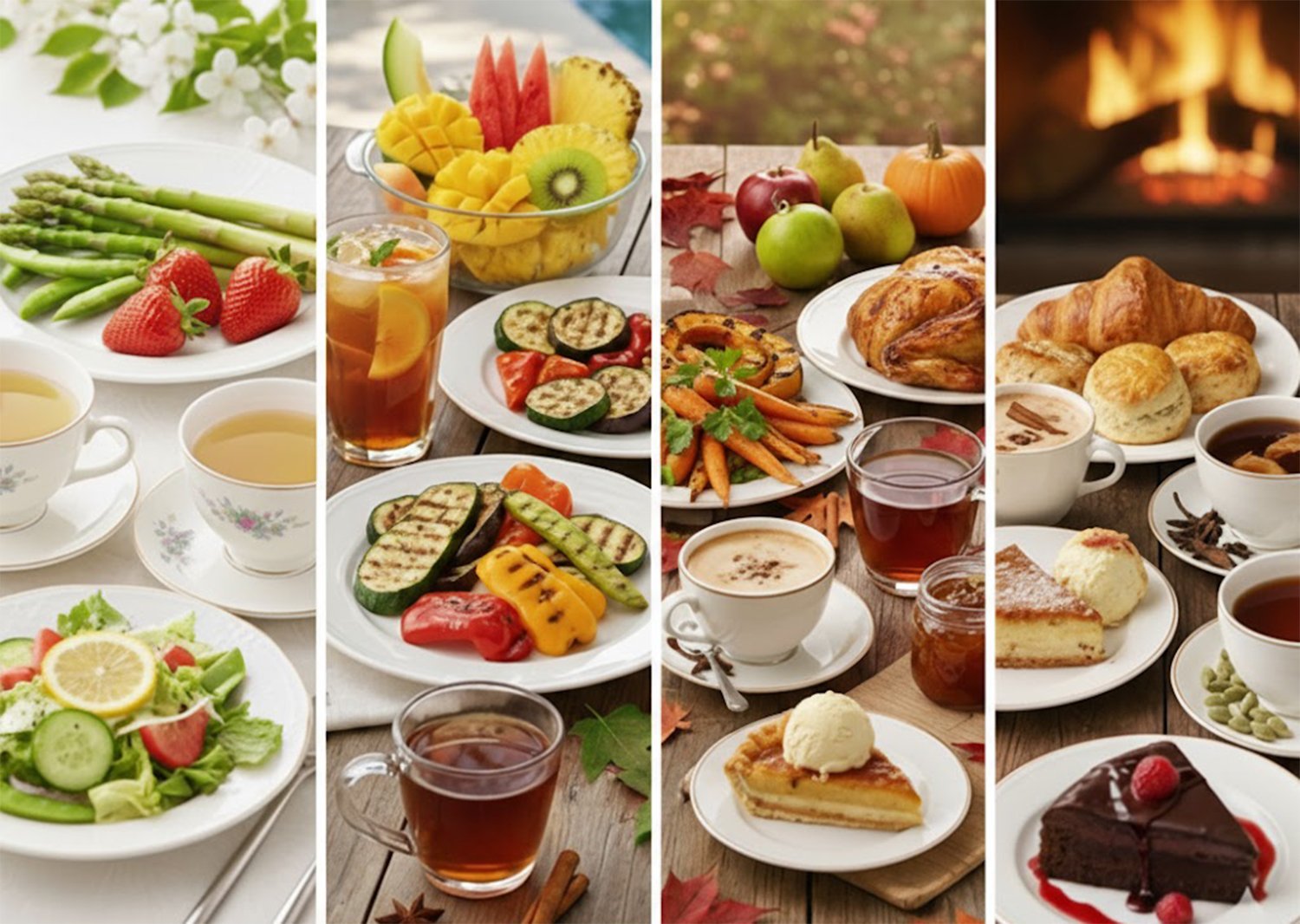 A seasonal dining collage featuring fresh fruits, vegetables, teas, pastries, and desserts for a cozy meal experience.