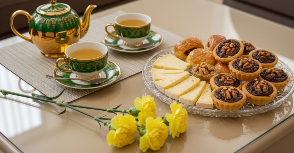 Elegant tea set with green and gold teapot, cups, pastries, cheese slices, and yellow carnations on a table.